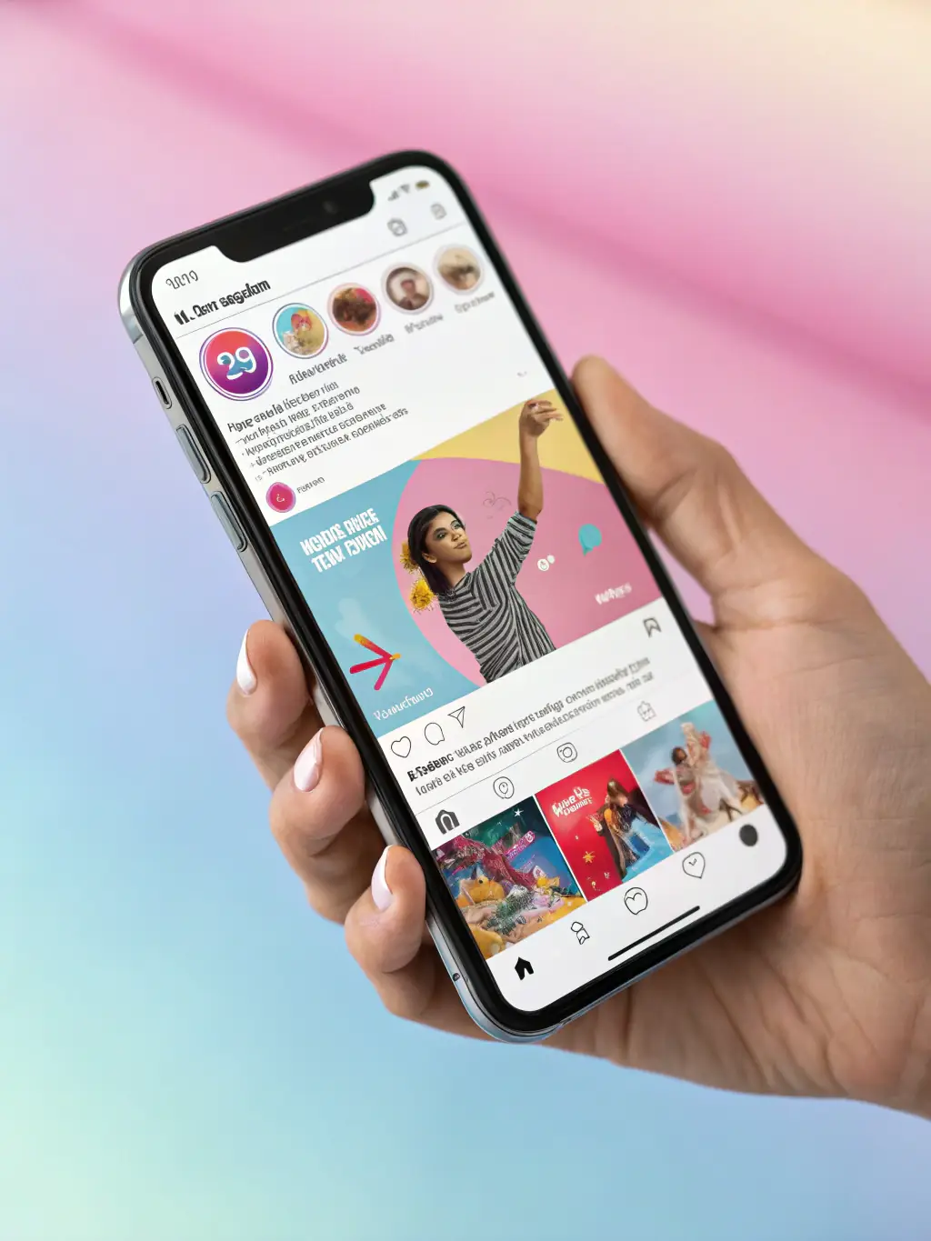 A social media feed displaying curated posts, stories, and reels from a luxury resort’s Instagram account, managed by Dg Motions.