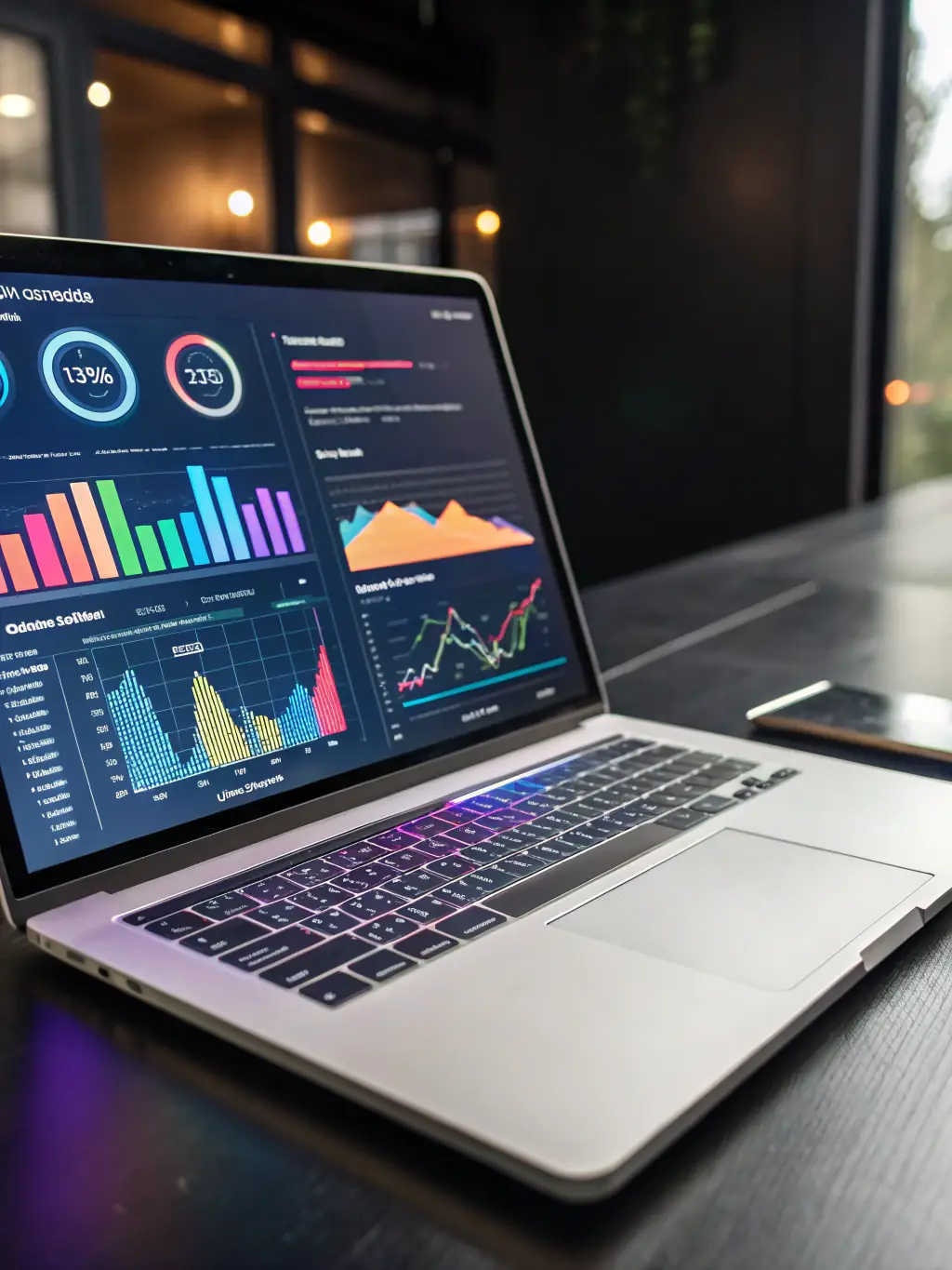 A laptop displaying a detailed social media analytics dashboard, highlighting key performance indicators such as engagement rate, reach, and follower growth.